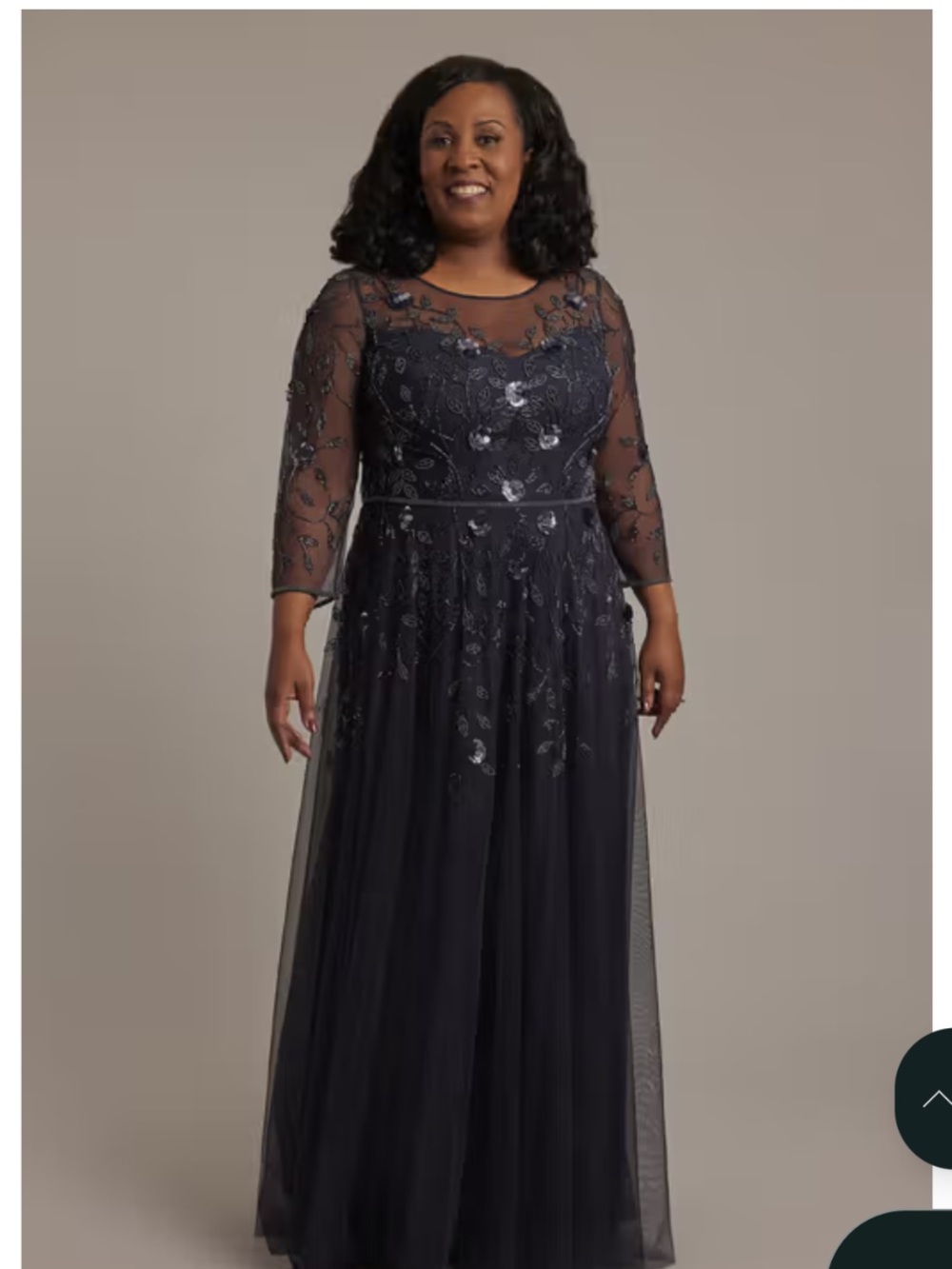 Oleg Cassini Navy Embroidered Illusion Long Sleeve Gown